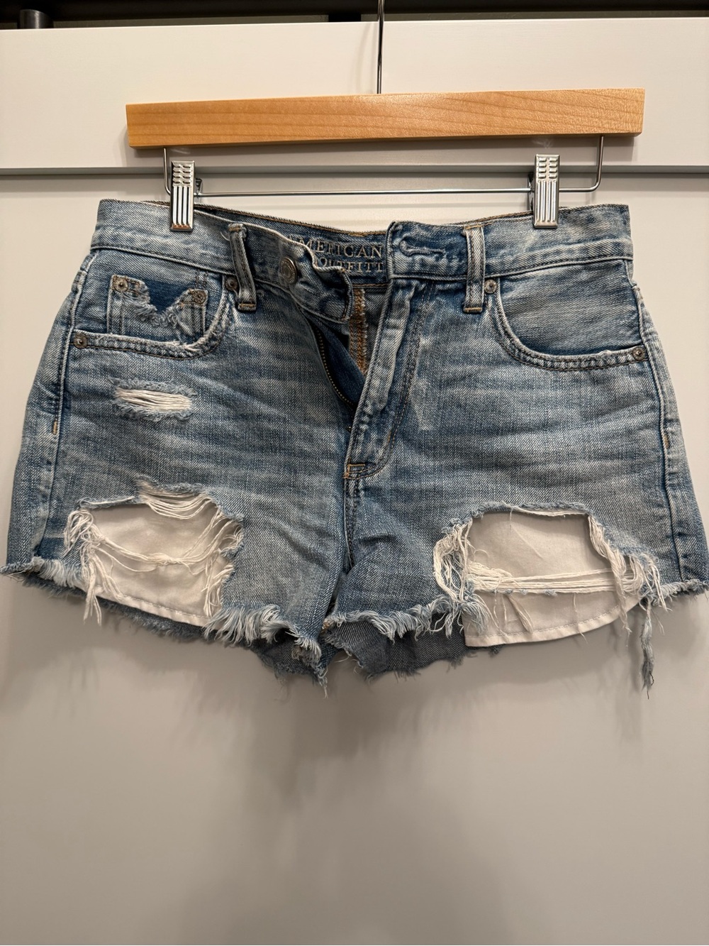 American Eagle Outfitters High Waisted Festival Blue Distressed Denim Shorts